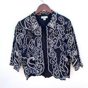 Coldwater Creek black & white floral embroidered jacket 14 Petite